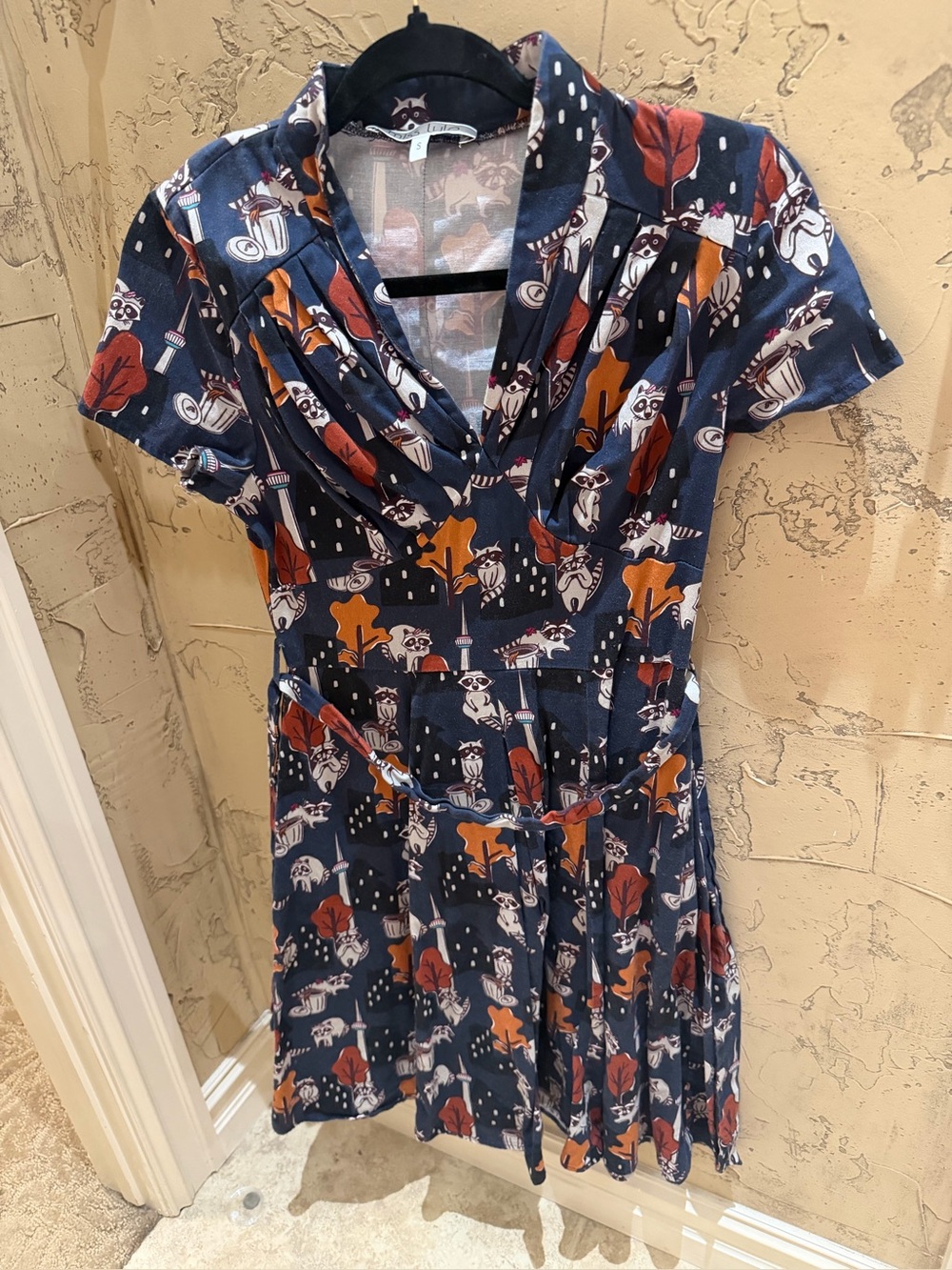 Navy Printed Short Sleeve Fit & Flare Dress with TRASH PANDA! 🦝